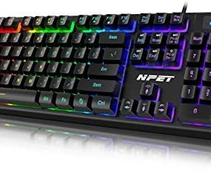 NPET K10 Wired Gaming Keyboard, LED Backlit, Spill-Resistant Design, Multimedia Keys, Quiet Silent USB Membrane Keyboard for Desktop, Computer, PC (Black)
