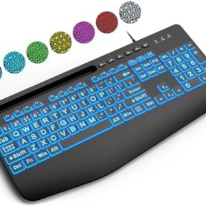 SABLUTE Large Print Backlit Keyboard, Wired USB Lighted Computer Keyboards with 7-Color & 4 Modes Backlit, Big Letters Keys Easy to Read and Type Compatible for PC, Laptop, Desktop
