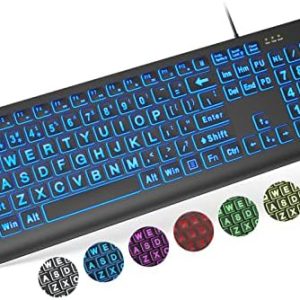 SABLUTE Large Print Backlit Keyboard, Wired USB Lighted Computer Keyboards with 7-Color & 4 Modes Backlit, Oversize Letters Keys Easy to See and Type, Quiet Keyboard Compatible for PC, Laptop